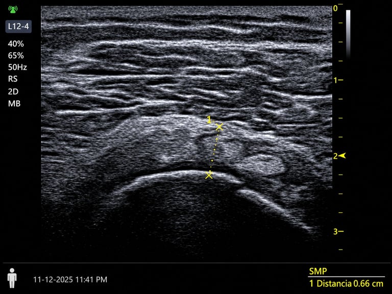 Ultrasound image showing measurement markers on anatomical tissue layers, medical scan dated 11-12-2025
