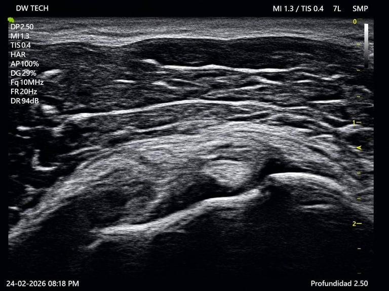 Ultrasound image showing soft tissue structures with measurement markers and technical parameters displayed on black background