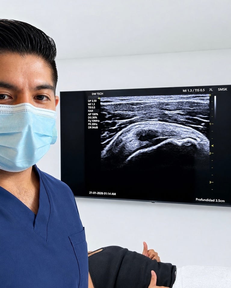 Director Clínico de R4 Fisioterapia Regenerativa en consulta con equipo de ecografía musculoesquelética, listo para realizar tu valoración de hombro