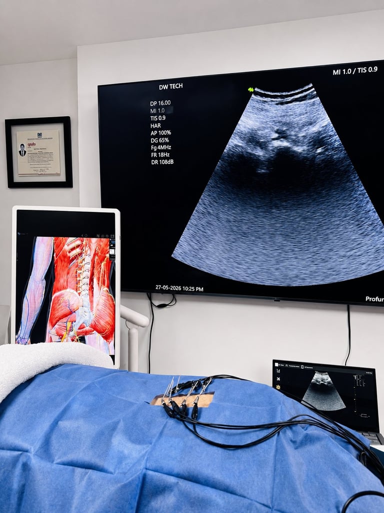 Medical ultrasound examination setup showing ultrasound probe on blue medical drape with ultrasound images displayed on monitors in clinical room