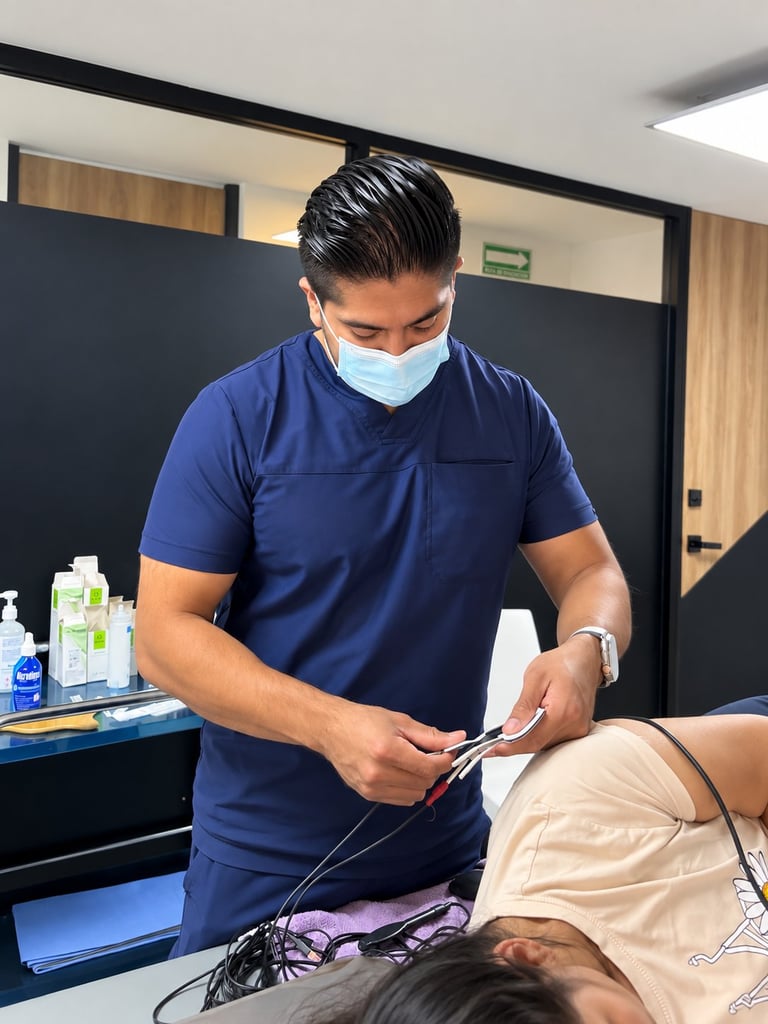 Profesional de la salud en camisa y cubrebocas azul realiza una exploración por ecografía a un paciente en un entorno clínico