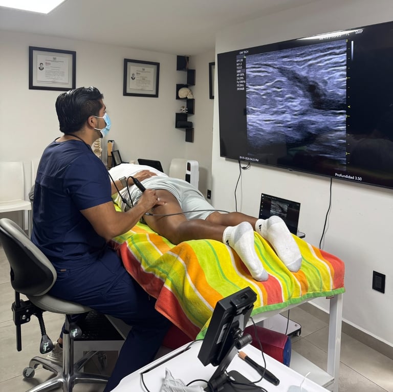 Director Clínico de R4 Fisioterapia Regenerativa realizando diagnóstico con ecografía en entorno clínico profesional, demostrando especialización en lesiones musculares