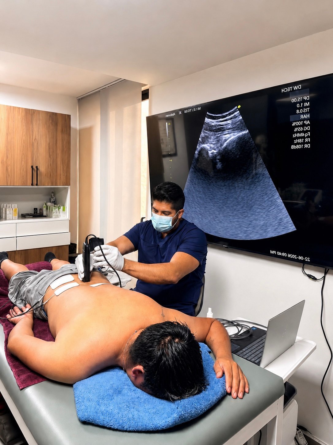 Medical professional performing ultrasound examination on patients back in clinical setting with ultrasound image displayed on monitor