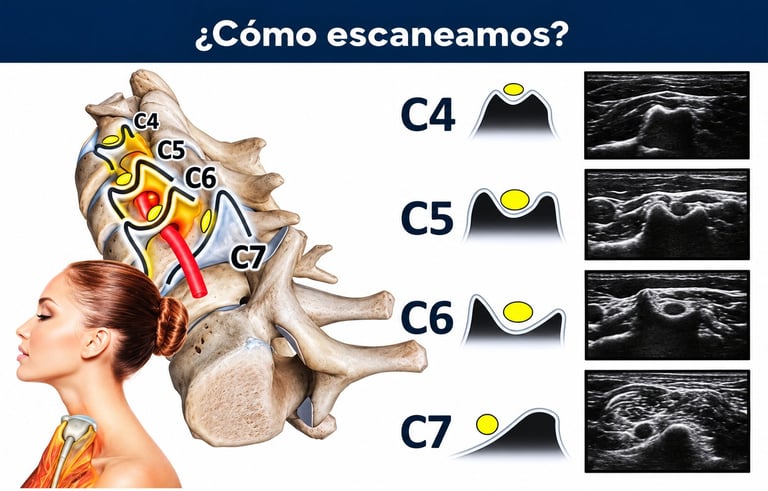 Guía de exploración por ecografía de columna cervical que muestra la ubicación de las vértebras C4-C7 y sus imágenes ecográficas correspondientes
