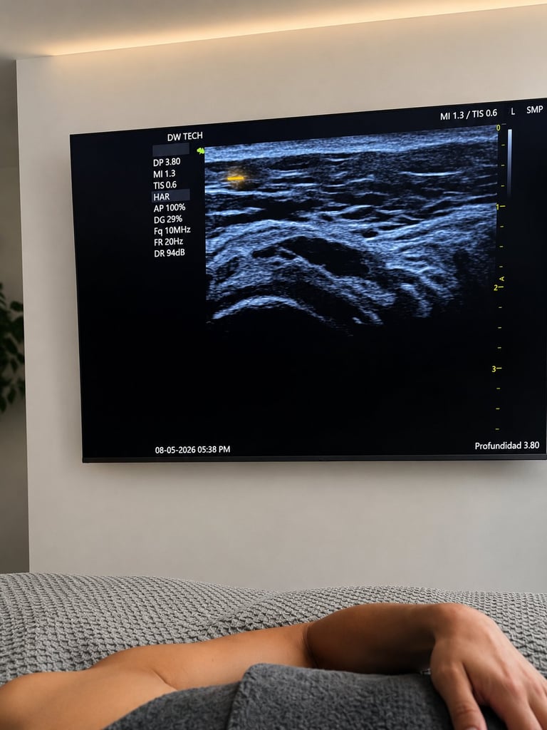 Medical ultrasound scan displayed on a wall-mounted monitor showing tissue imaging in blue tones