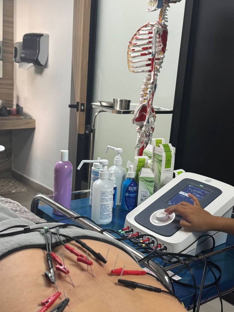 Clínica de fisioterapia con esqueleto anatómico, electrodos sobre la camilla de tratamiento y equipo de monitorización