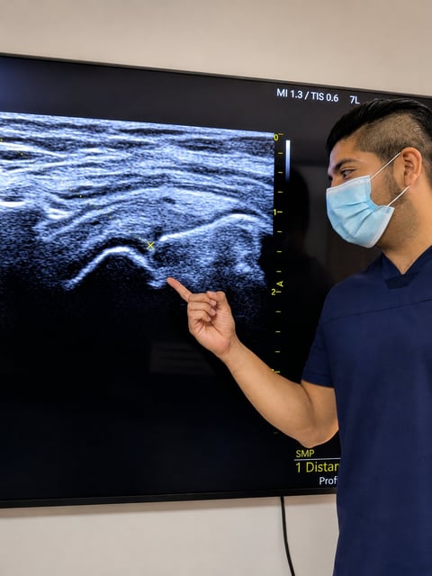 Doctor wearing mask pointing at ultrasound image on monitor during medical examination