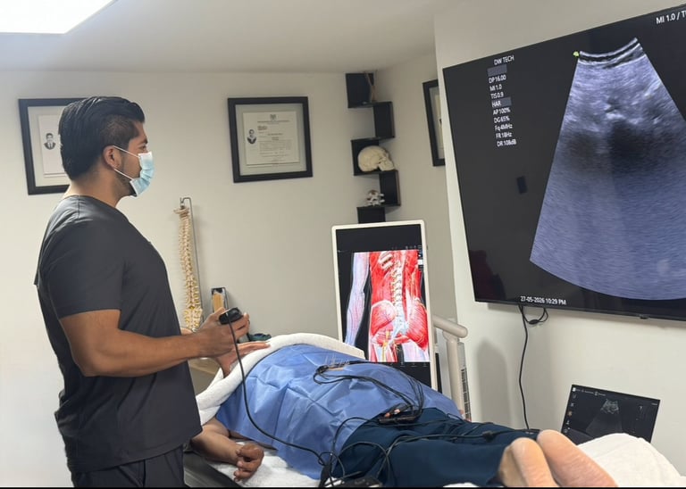 Director Clínico de R4 Fisioterapia Regenerativa realizando examen de ecografía en columna a un paciente mientras observa la imagen en el monitor