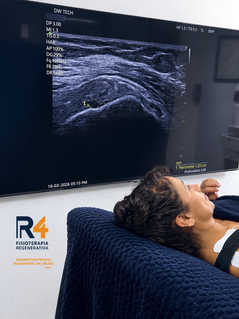 Patient undergoing ultrasound scan at R4 Fisioterapia Regenerativa clinic, with medical imaging displayed on monitor above
